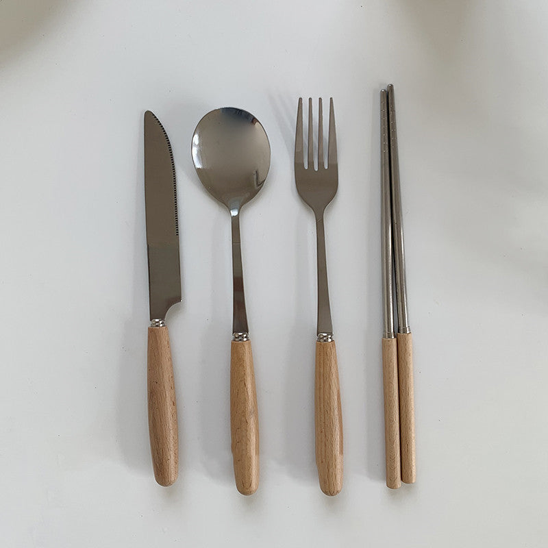 Simple Ins Cylindrical Wooden Handle Chopsticks Knife Fork Spoon Cutlery Set Stainless Steel Retro Tableware