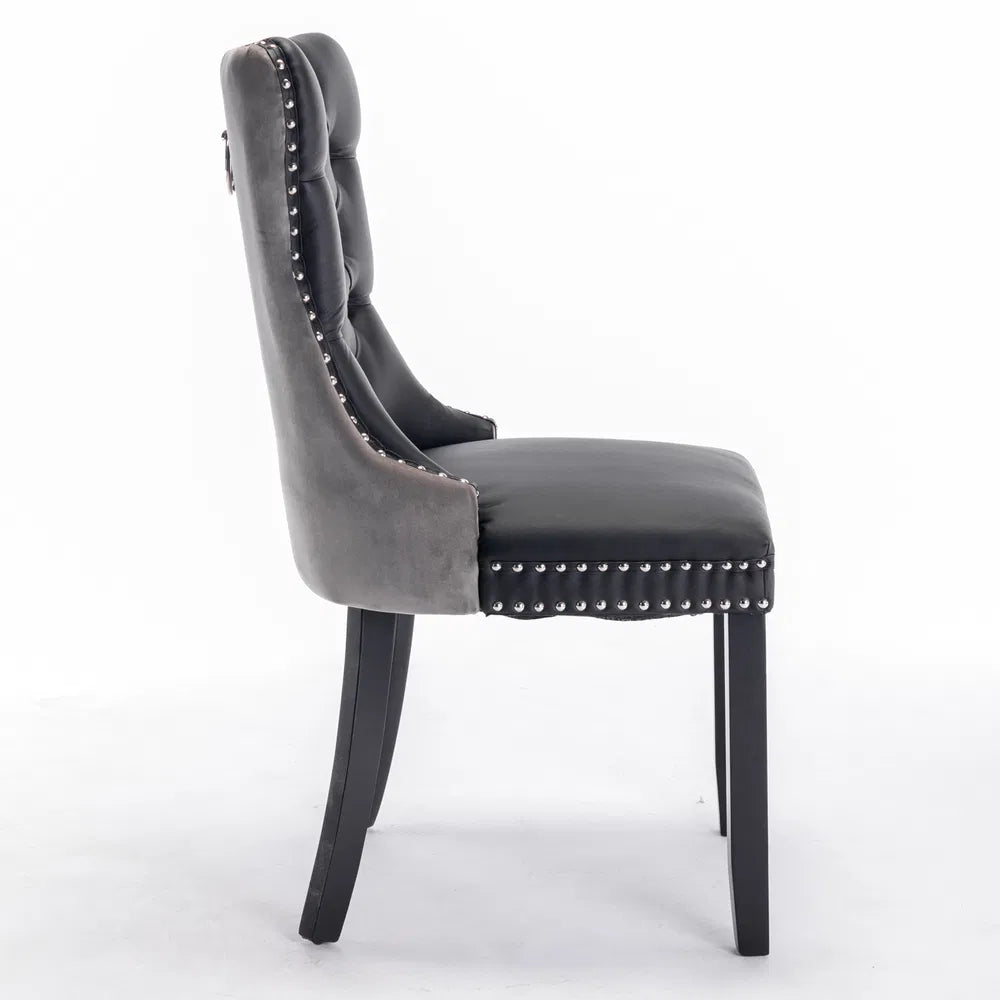 Furniture,Modern, High-end Tufted Solid Wood Contemporary PU And Velvet Upholstered Dining Chair With Wood Legs Nailhead Trim 2-Pcs Set, Black&Gray, SW2101BG