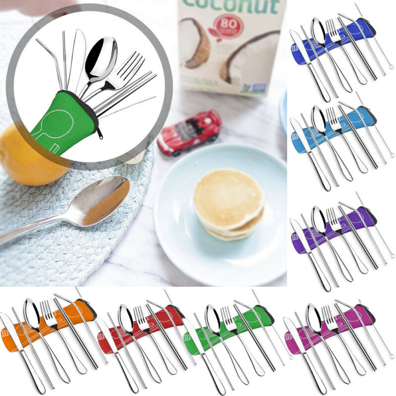 Stainless Steel Portable Cutlery Set, Knife, Fork, Spoon, Chopsticks And Straw Seven-piece Set
