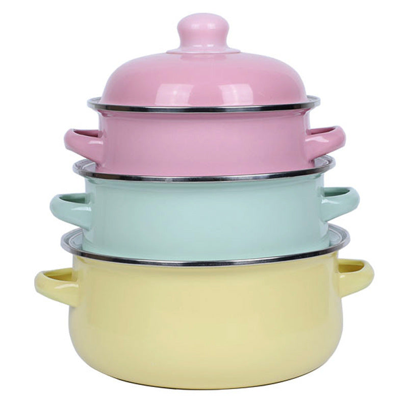 Double-handled Enameled Instant Noodle Bowl With Lid, Heat-resistant Oil Can