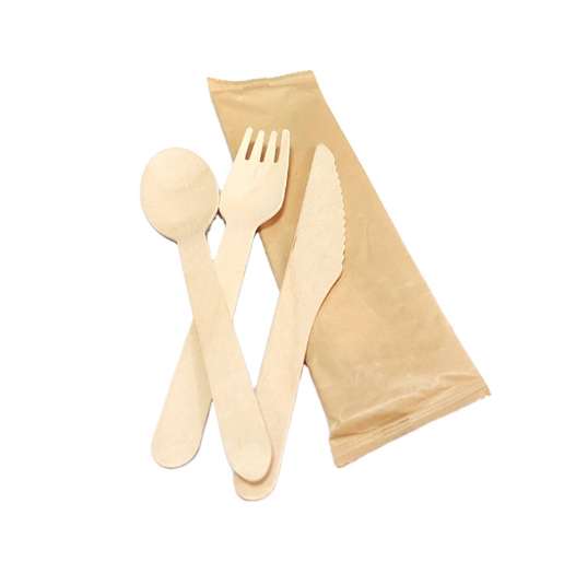 Disposable Degradable Tableware Wooden Cutlery Kraft Paper Bag Set