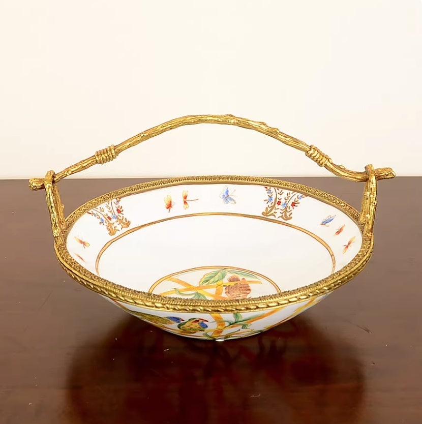Brass Fruit Bowl Ornamentdesktop Living Room Decor Featuring A Copper-and-porcelain Fruit Basket