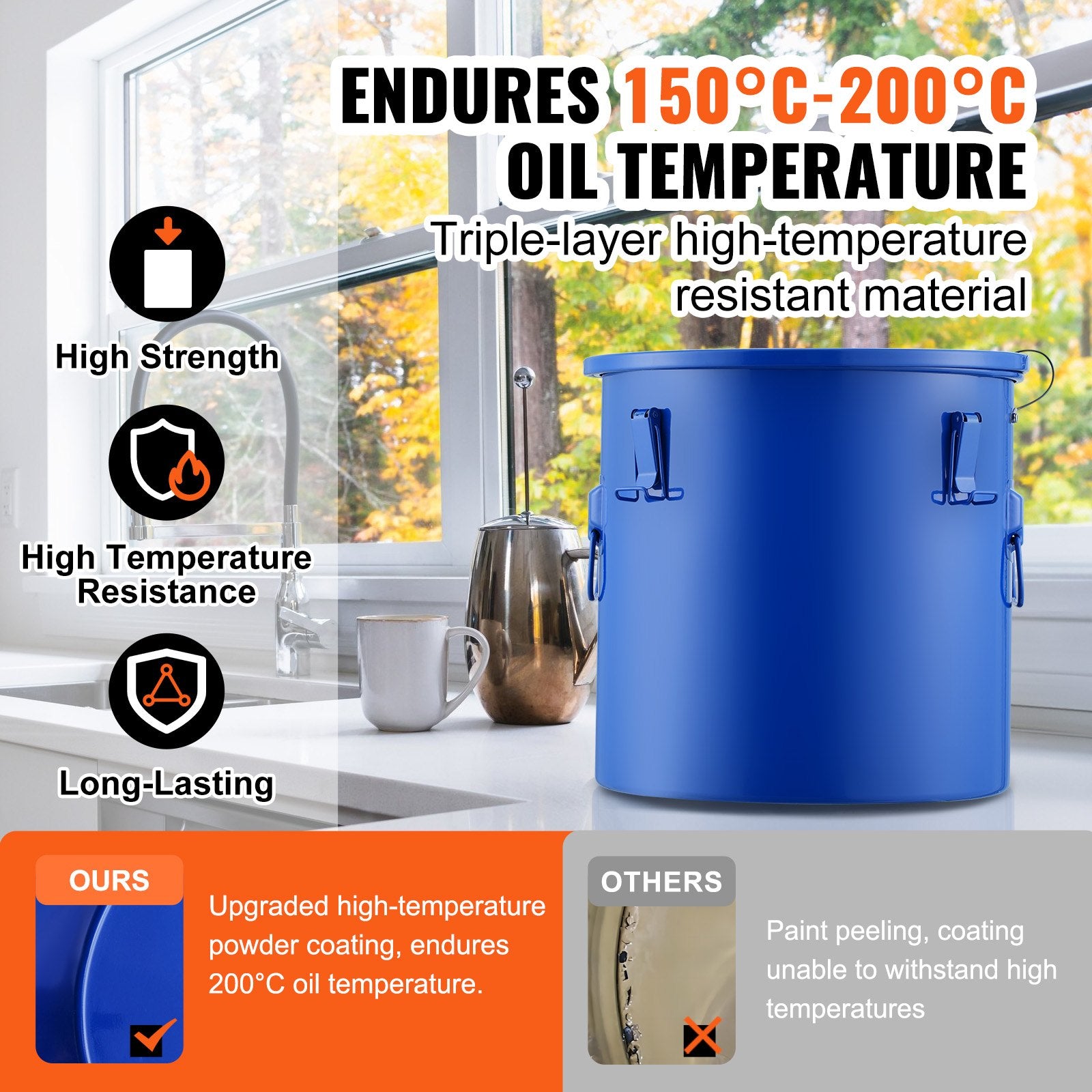 Fryer Grease Bucket, 8 Gal Oil Disposal Caddy Carbon Steel Fryer Oil Bucket With Rust-Proof Coating, Oil Transport Container With Lid, Lock Clips, Filter Bag For Hot Cooking Oil Filtering, Blue