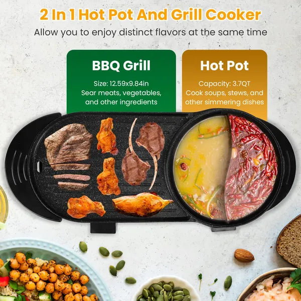 Dual-Electric 2 In 1 Hot Pot & Grill Combo, 2200W Rapid-Heat Indoor , 3.7 QT Non-Stick Hotpot Separate Temp Control , Apartment-Friendly Party Cooker