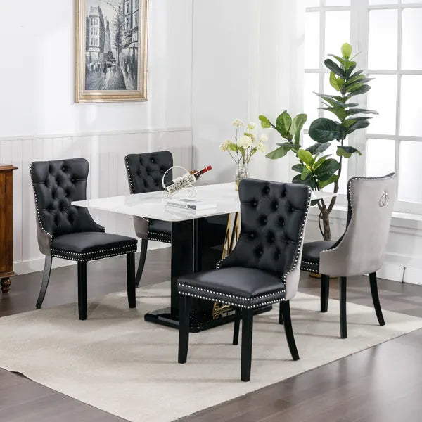 Furniture,Modern, High-end Tufted Solid Wood Contemporary PU And Velvet Upholstered Dining Chair With Wood Legs Nailhead Trim 2-Pcs Set, Black&Gray, SW2101BG