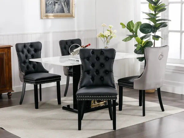 Furniture,Modern, High-end Tufted Solid Wood Contemporary PU And Velvet Upholstered Dining Chair With Wood Legs Nailhead Trim 2-Pcs Set, Black&Gray, SW2101BG