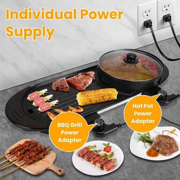 Dual-Electric 2 In 1 Hot Pot & Grill Combo, 2200W Rapid-Heat Indoor , 3.7 QT Non-Stick Hotpot Separate Temp Control , Apartment-Friendly Party Cooker