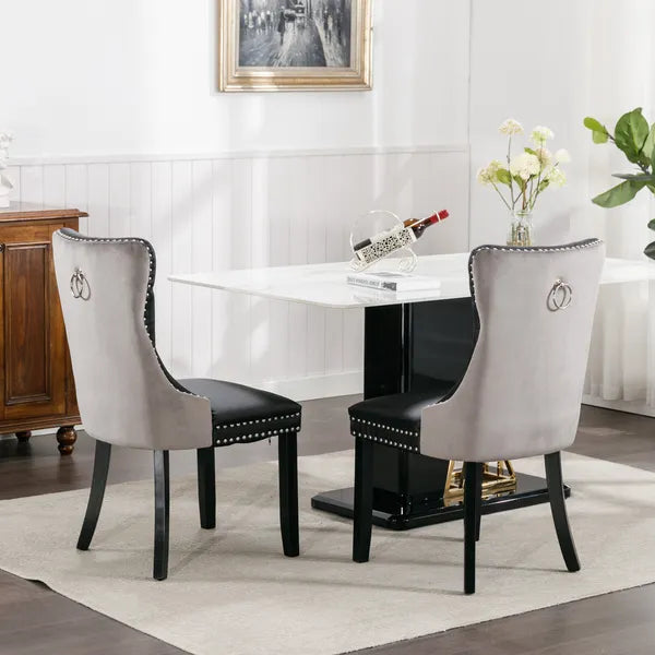 Furniture,Modern, High-end Tufted Solid Wood Contemporary PU And Velvet Upholstered Dining Chair With Wood Legs Nailhead Trim 2-Pcs Set, Black&Gray, SW2101BG