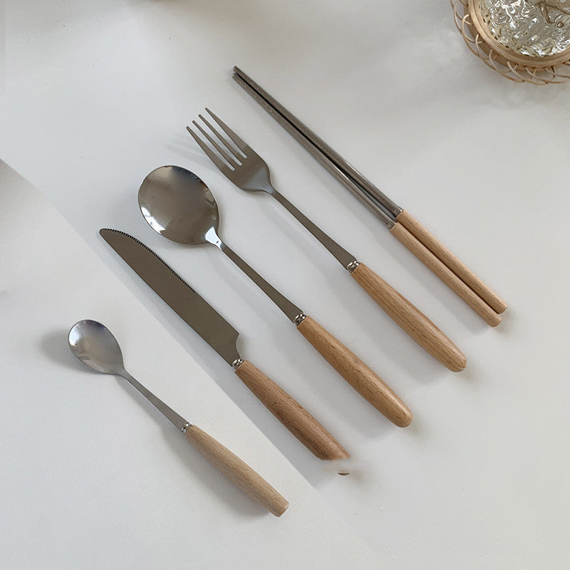 Simple Ins Cylindrical Wooden Handle Chopsticks Knife Fork Spoon Cutlery Set Stainless Steel Retro Tableware