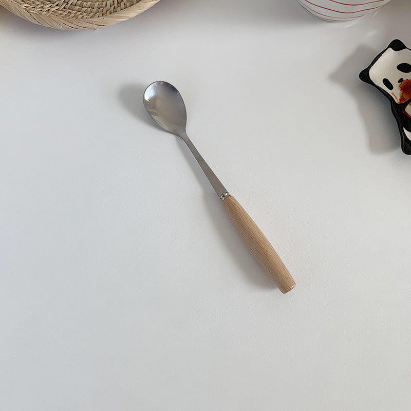 Simple Ins Cylindrical Wooden Handle Chopsticks Knife Fork Spoon Cutlery Set Stainless Steel Retro Tableware