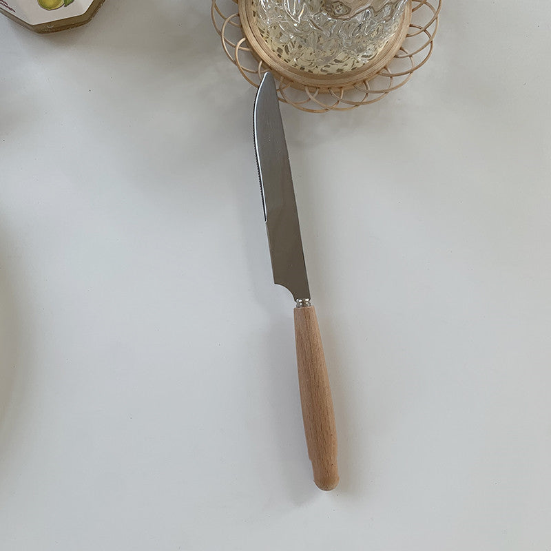 Simple Ins Cylindrical Wooden Handle Chopsticks Knife Fork Spoon Cutlery Set Stainless Steel Retro Tableware