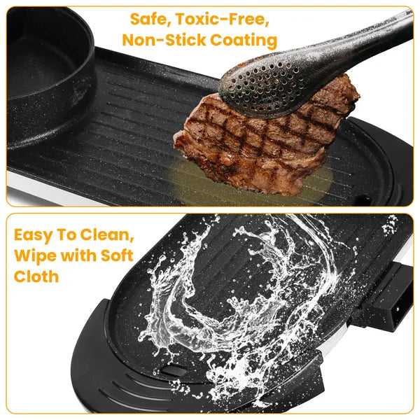 Dual-Electric 2 In 1 Hot Pot & Grill Combo, 2200W Rapid-Heat Indoor , 3.7 QT Non-Stick Hotpot Separate Temp Control , Apartment-Friendly Party Cooker